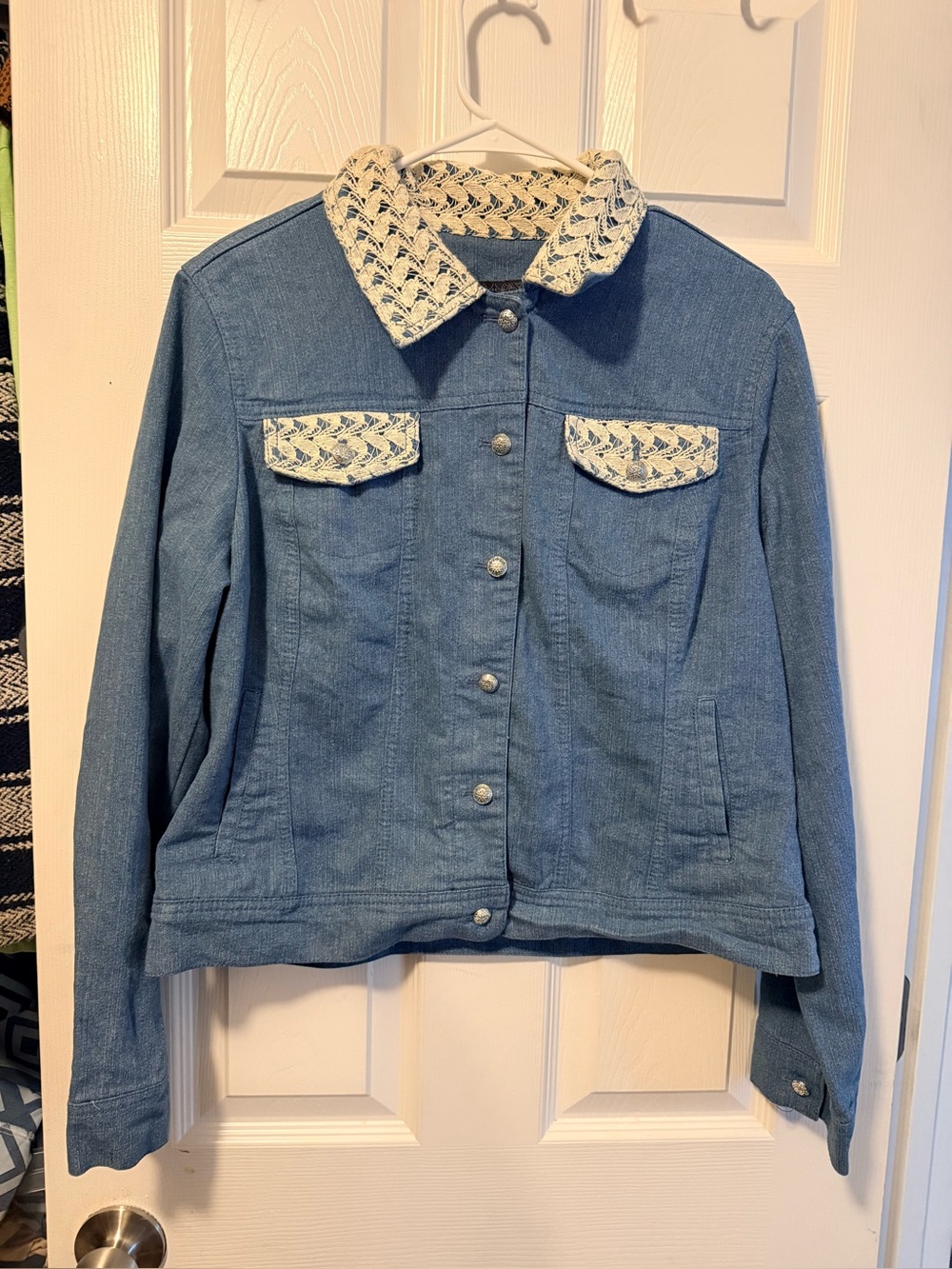 Live a Little Light Blue Denim Jacket with Cream Crochet Trim